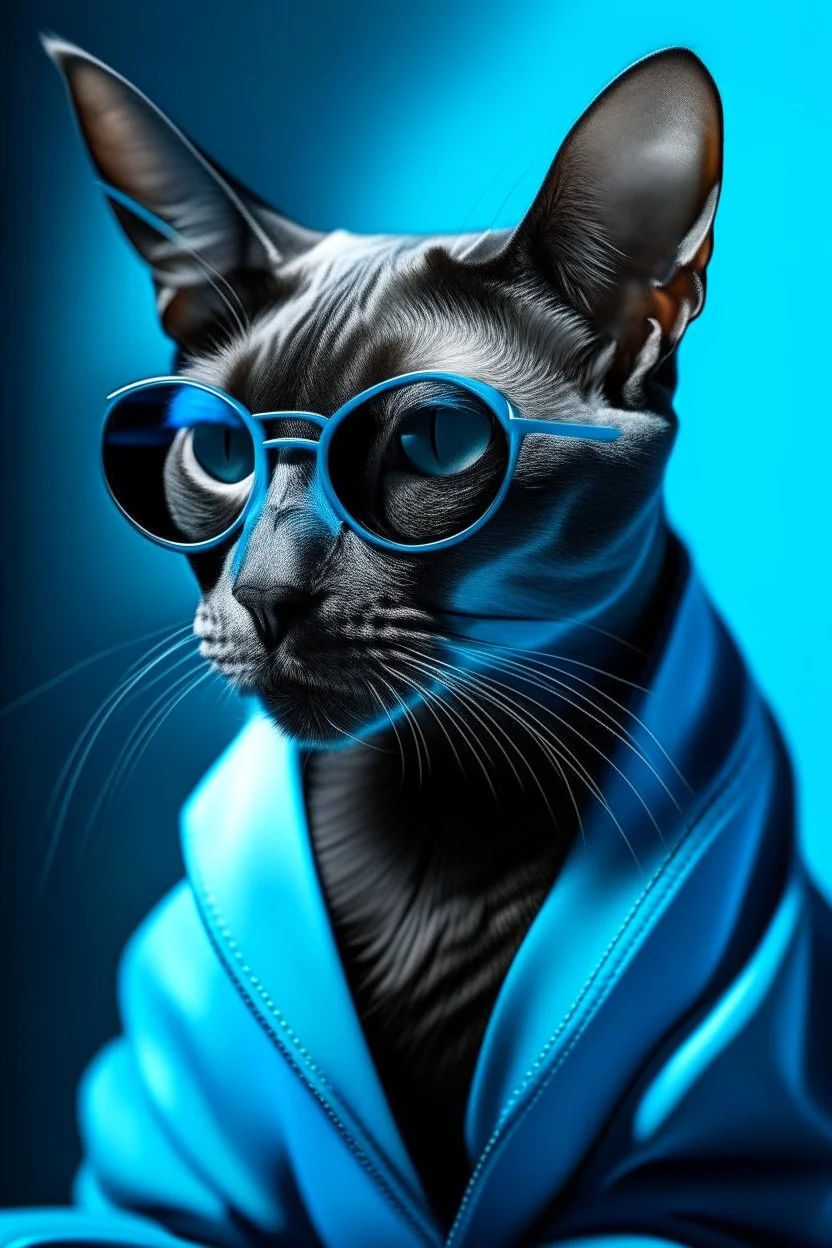 Prompt: The best cell phone wallpaper, Award-Winning Wallpaper, portrait photography, In the front view is a portrait of a Oriental shorthair Siamese wearing mid-1960s space age fashion, Side view photo, Shot with Canon EOS R5, Set a strong contrast that accentuates the subject, Fluorescent blue tone, Wearing a very modern coat and sunglasses is a modern 1960s style, Clothes all in one color, beautiful background.