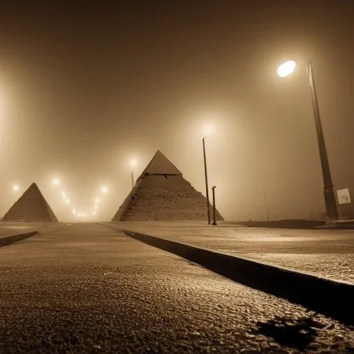  street view in night , Egyptian Pyramids, foggy, muddy floor, post apocalyptic