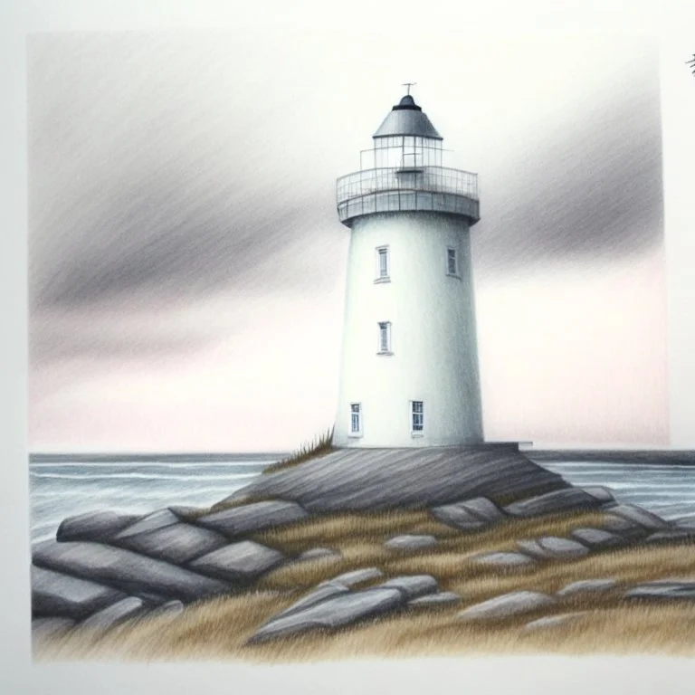 A pastel pencil drawing of Utsira Lighthouse in Norway