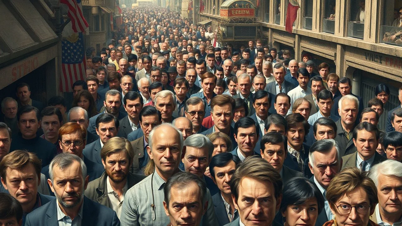 Realistic collage of people in a busy, complex area, with each person staring directly at the viewer. Inspired by the works of Hieronymus Bosch and M.C. Escher, this piece captures the chaotic energy and intricate details of a bustling crowd. Created using a mix of digital painting and photo manipulation techniques, this artwork is sure to draw viewers in for a closer look.