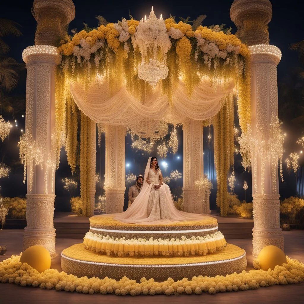 Hyper Realistic Beautiful Traditional Indian Wedding Stage decorated with different Yellow & White flowers & neon wedding lights with people at Night