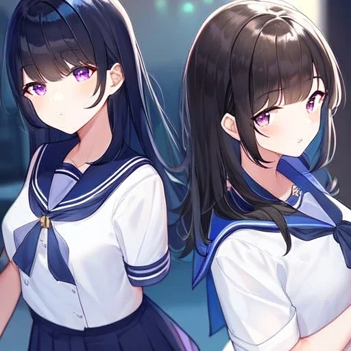 Clear focus, High resolution, Long fluffy black hair, Purple eyes, Wearing a sailor uniform, must be wearing a short skirt