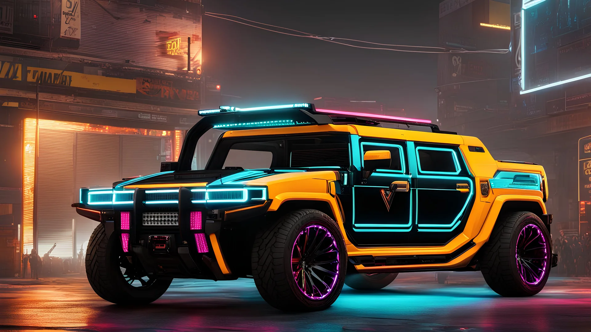 Hummer ultimate Street tuning Mansory Cyberpunk 2077 neon Style Rear View, Super Detailed, desktop wallpaper, 4K