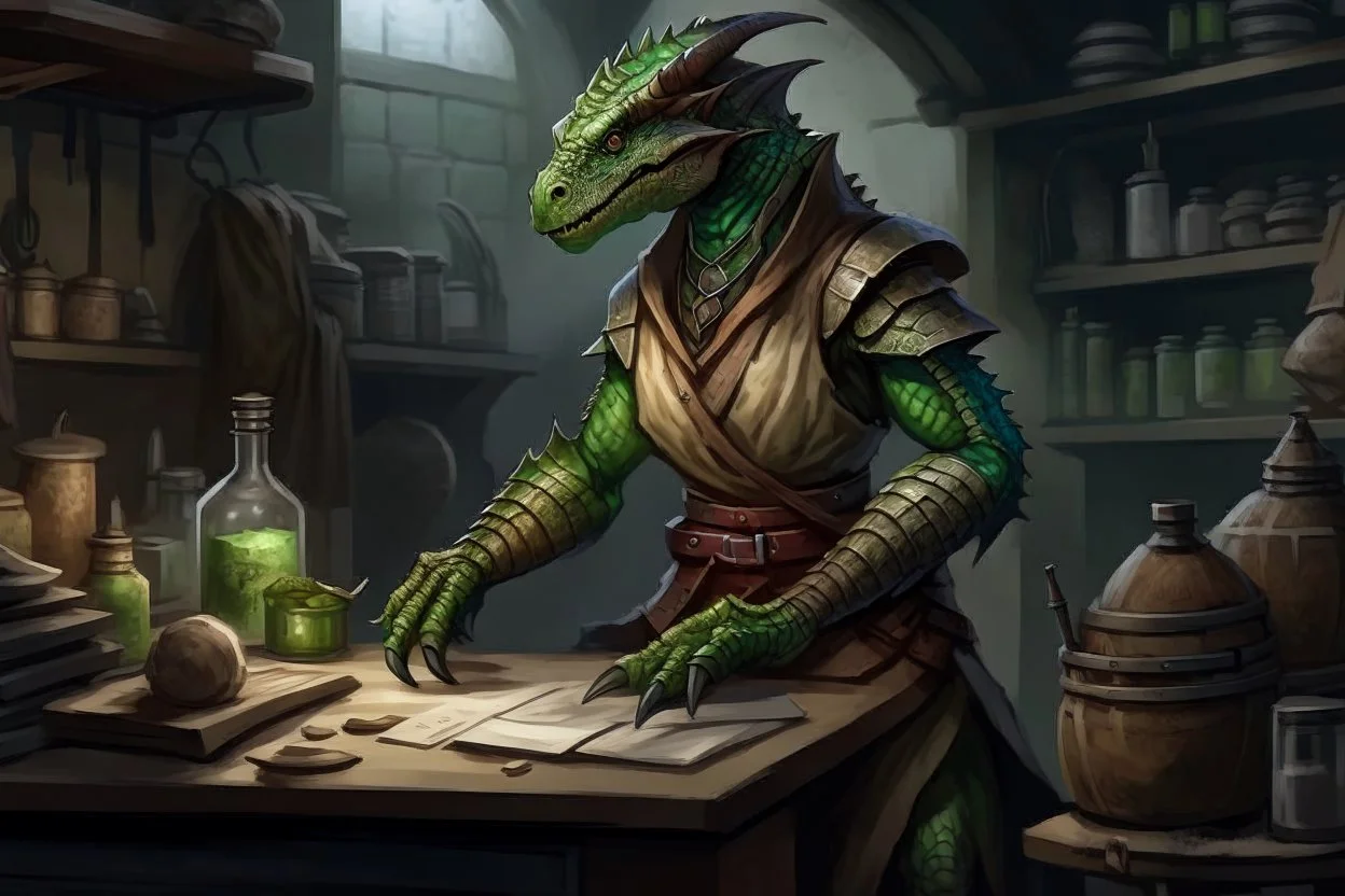 the lab of a female argonian artificer