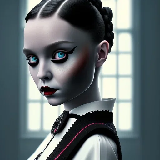 wednesday addams, wednesday addams hair, wednesday make up, wednesday black dress, cinematic, hyper detail, 8k resulation