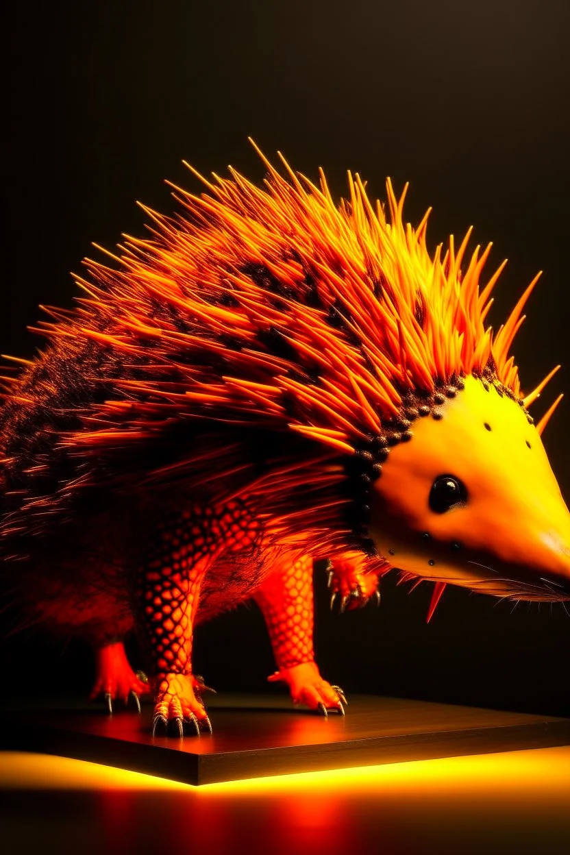 An orange colored lightning elemental porcupine designed in Javanese shadow puppets painted by Leonardo da Vinci