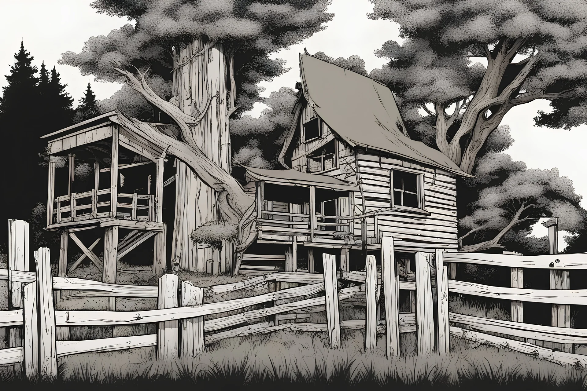 Treehouse, wood fence, post apocalyptic, comic book,