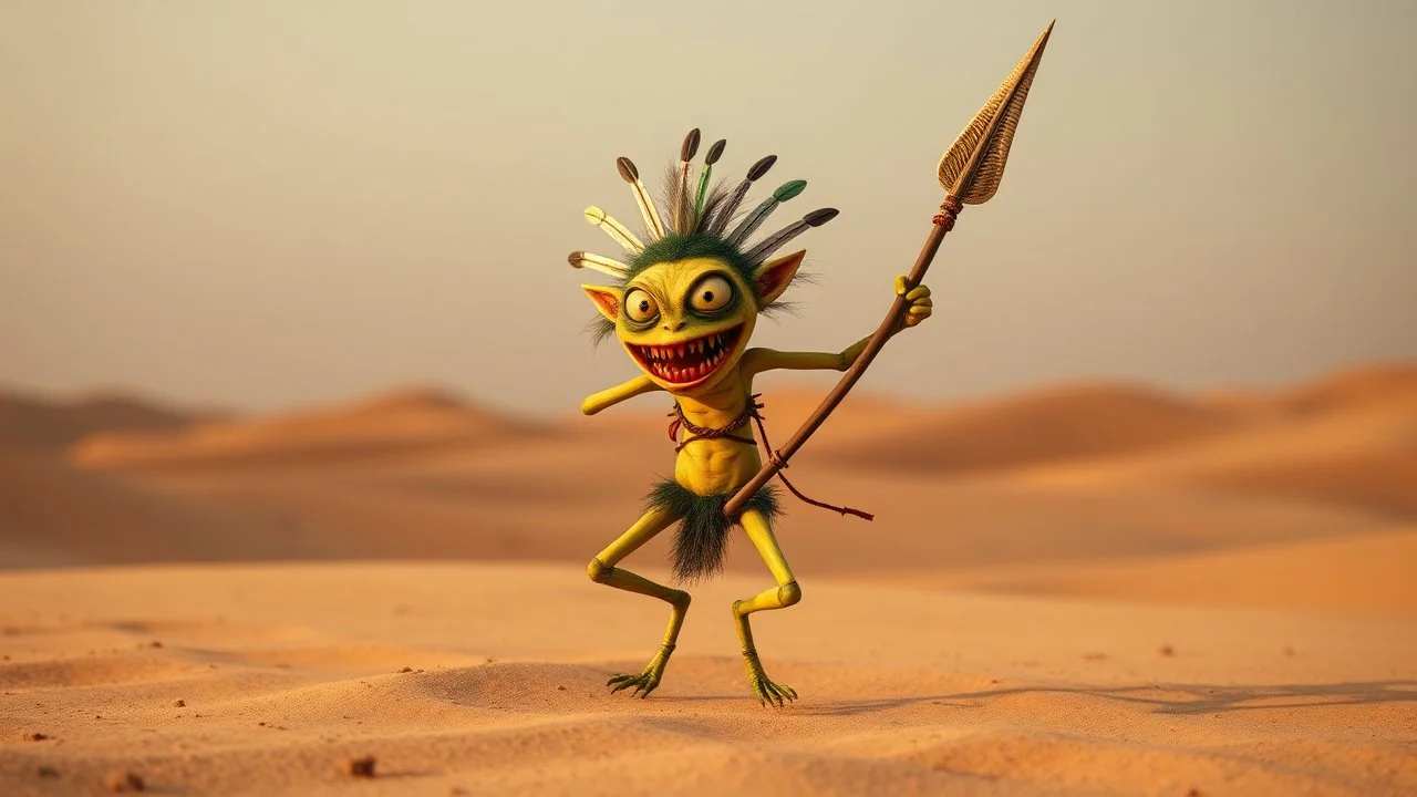 a funny crazy maniac little creature that dance in a desert, the creature is yellow and green, have big eyes and long legs, he likes to dance and jump with his spear, he ls little evil and likes to scream "Musta", and have a big mouth sharp teeth, small penis, tribal look, head dress with feathers