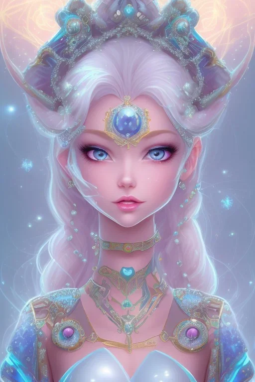 cosmic princess girl belle fine, grand front cosmique, peau bleu cristalline, yeux bleu, perle sur le front long cheveux blond et rose etoilé cristaux sur le corps, collier de grande princesse, levres souriante, très jolie sourire