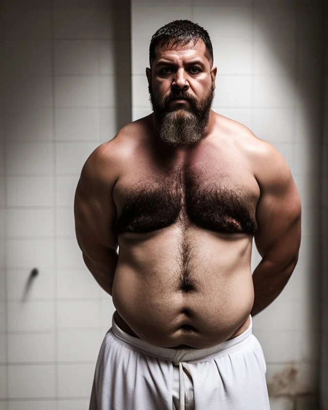 full figure shot photography of a burly chubby turkish prisoner , 55 years old shirtless in white dirty pants, long beard, long hair , in a dark prison, dirty, ugly, bullneck, muscular, manly chest, shirtless, bulge, misery and poverty, emotive eyes, photorealistic, ultradetailed, 32k, side view from below, dim light