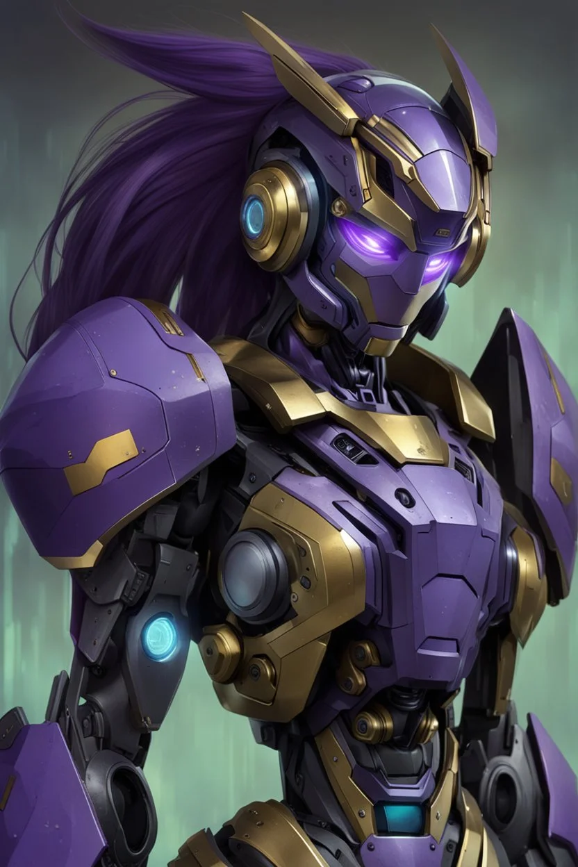 Human Like Cyborg, Royal purple and Gold, Combat Robot, Dangerous, Strong, Magic