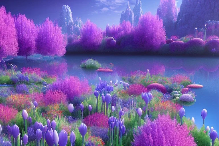 monde en fleurs bleu pink,blue lake, concept art, crépuscule , trees bleu pink violet oranger, vibrant Color, réaliste, crocus