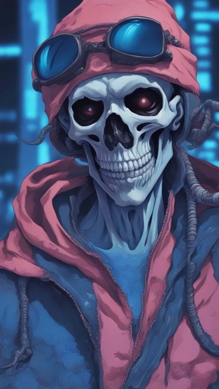 a close up of a person with a skull on their head, blue and black colors, anime skull portrait man, scary detailed art in color, hiroyuki-mitsume takahashi, nychos art aesthetic, half man half skeleton, anime cyberpunk art, colored manga art, rossdraws pastel vibrant, hot colors. insanely detailed, beautiful anime portrait, stunning anime face portrait, scary art in color