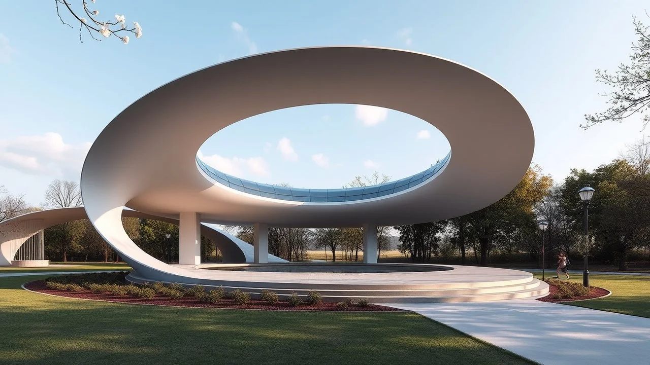 A large, elliptical-shaped pavilion set in the middle of a tranquil park. The building's sleek, continuous curve hugs the earth, with an elliptical glass roof that reflects the sky and surrounding nature. The smooth lines of the structure create a calming flow, and its minimalistic design emphasizes organic shapes inspired by natural curves. Award-winning photograph.