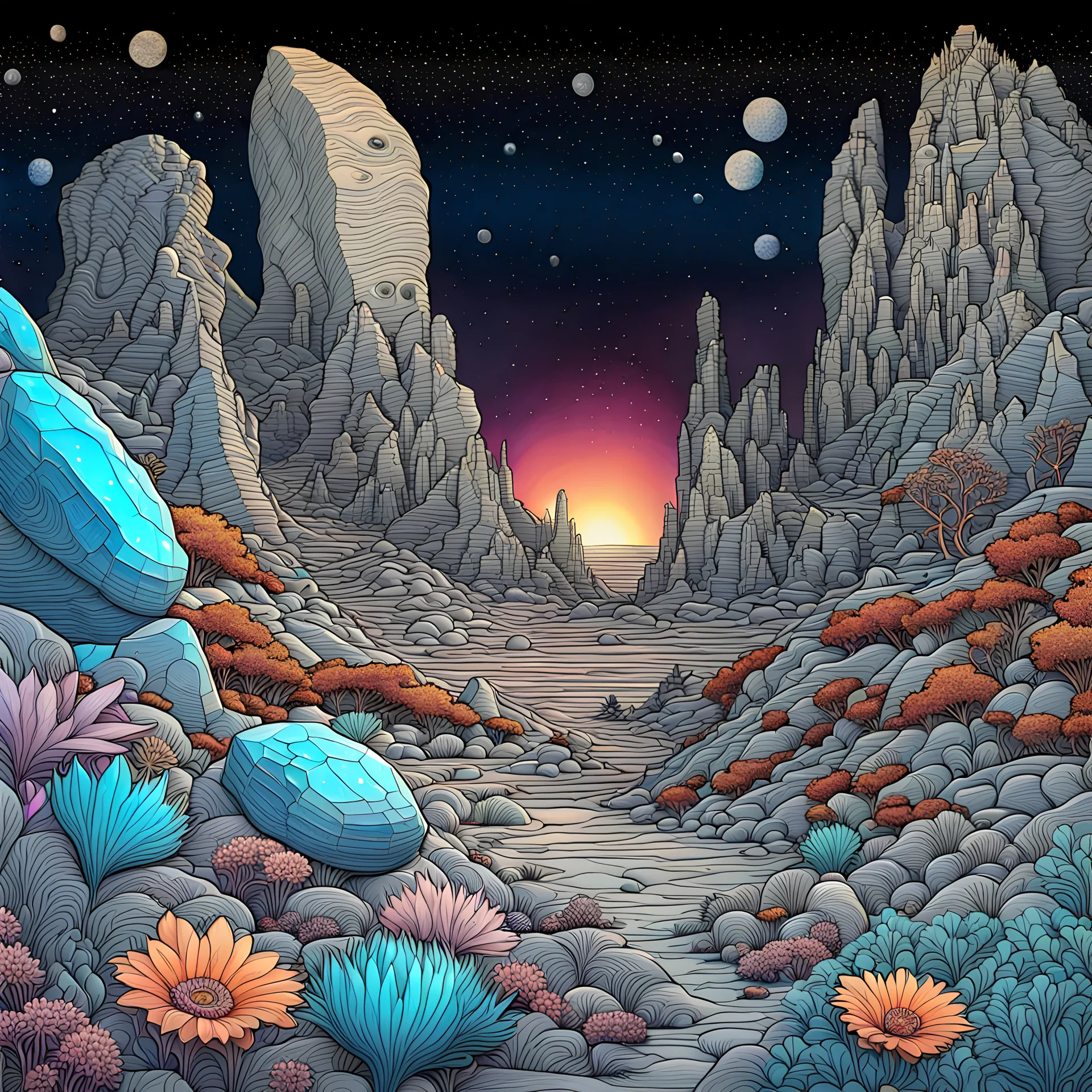 Colourful, scifi, night sky filled with galaxies and stars, rock formations with fossils, flowers, one-line drawing, sharp focus, 8k, deep 3d field, intricate, ornate