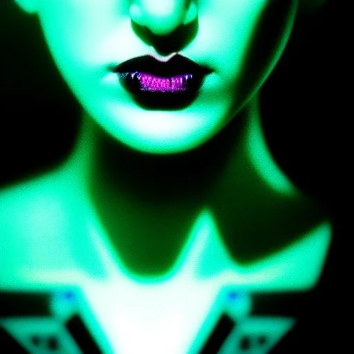 portrait oil on canvas, beautiful punk busty female Blade runner Replicant, intense stare, sad glowing eyes, post-apocalyptic in a cyberpunk city,minimal skintight latex dress, bladerunner movie poster, realistic, Crystal Big green eyes , intricate detail, , sci-fi fantasy style, masterpiece, volumetric lighting, particles, highly detailed ,cinematic , deep colours,8k, in the style of Simon Biesly