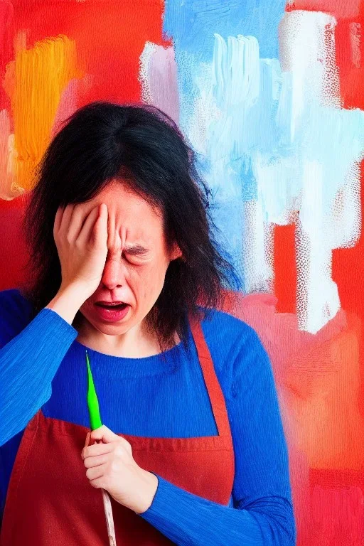 Artist crying, holding paintbrush