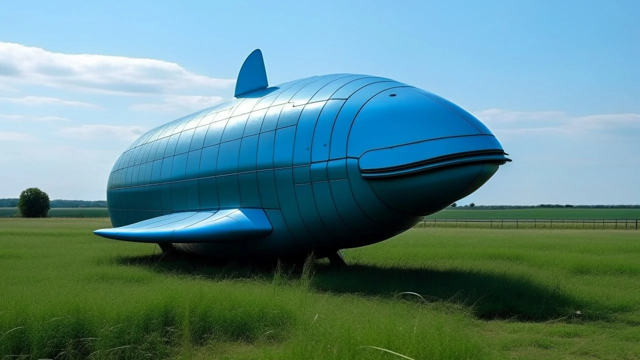 small, sleek, squat, cargo spaceship shaped like a blue whale, sitting in a field