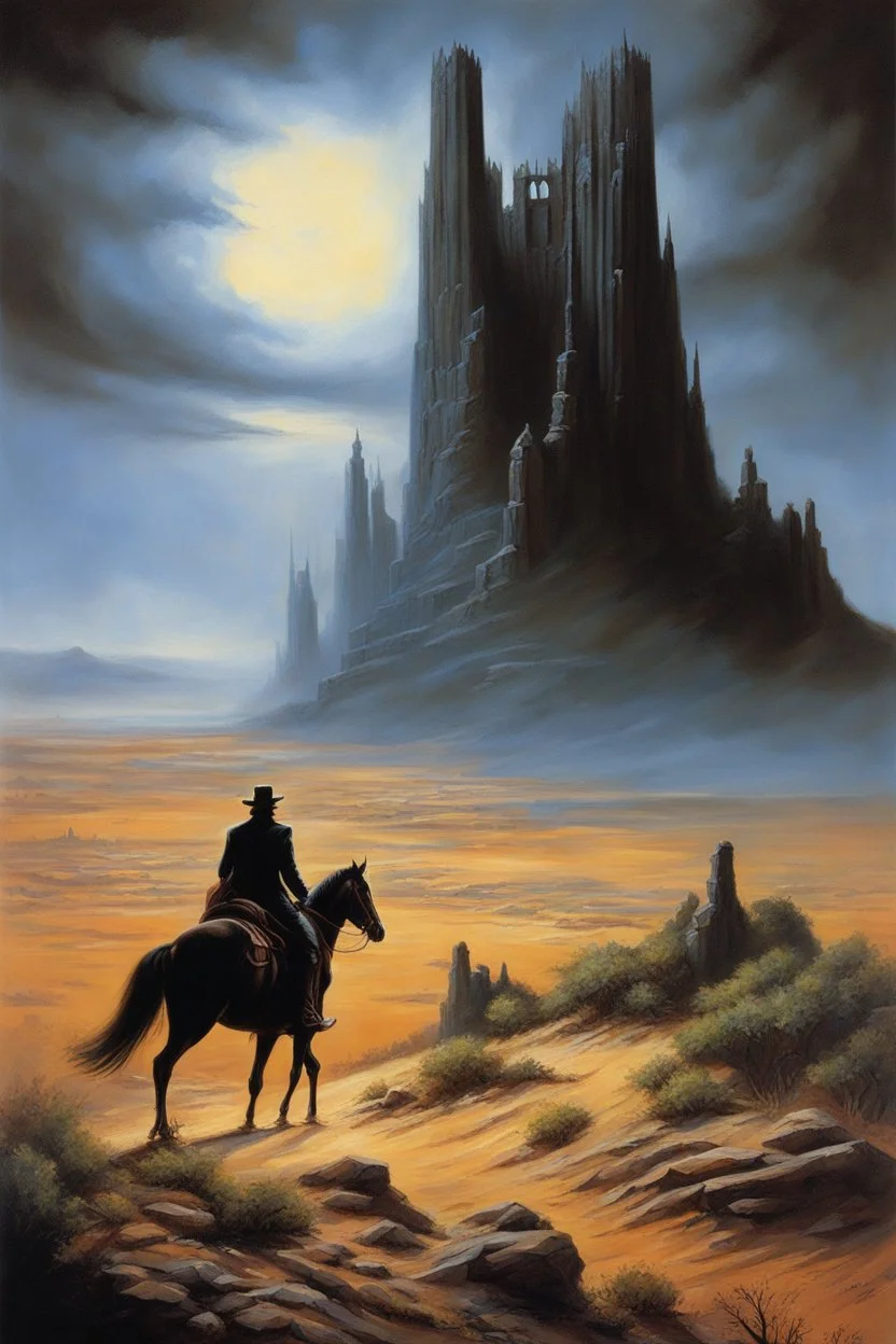 the Dark Tower seen across a desert. painted by Jeff easley