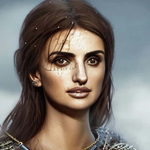 best quality, realistic lighting, masterpiece portrait of Penelope Cruz, details, light dusting of freckles, cowboy shot from above, simple chain hauberk, warhammerVector art matte painting digital illustration 3D shading CryEngine Behance HD 3Delight