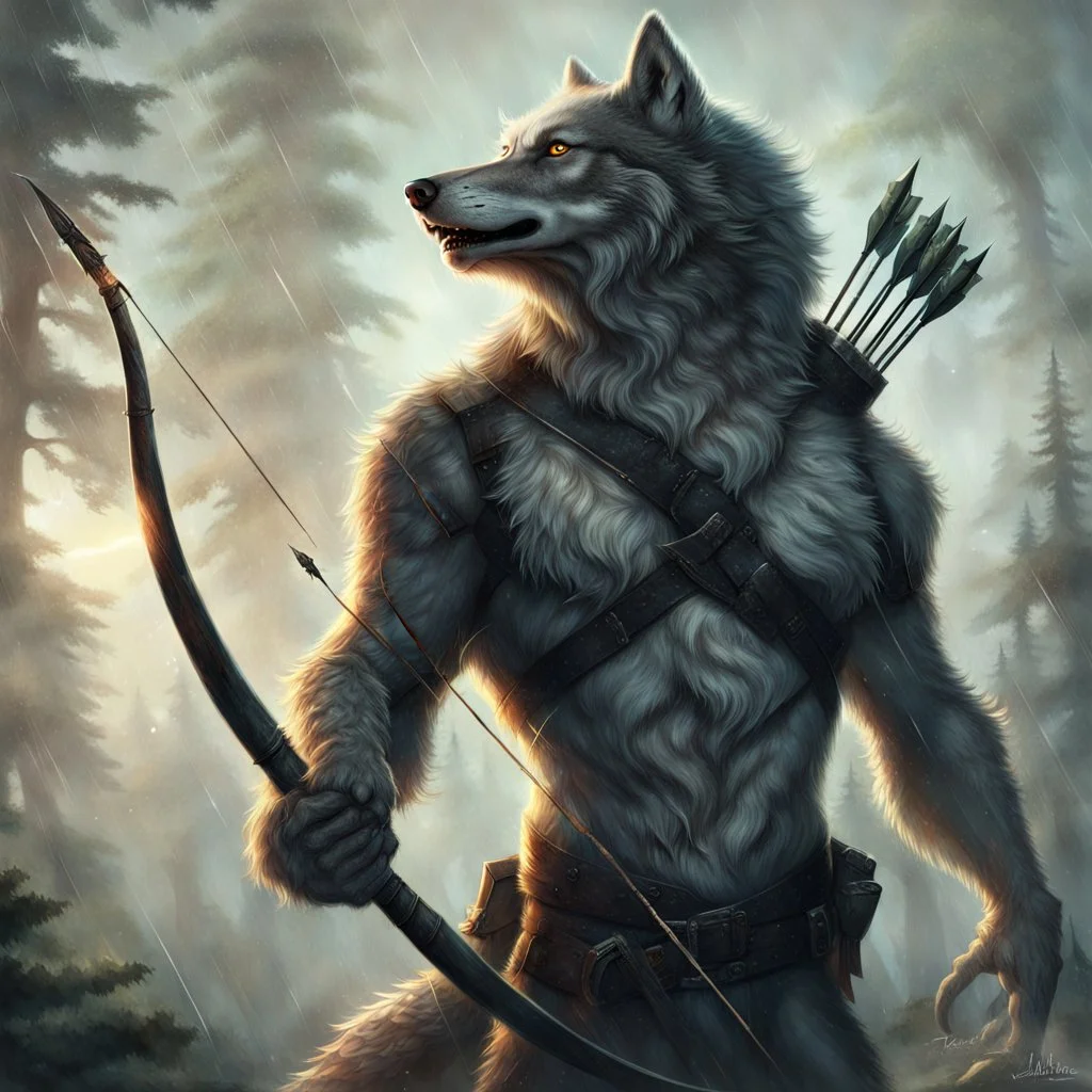 an anthropomorphic wolf man in just full furry wolf body hair and wearing just a dark belt around his chest holds a bow in his paw, quiver with arrows on his shoulder and looking warlike the horizont, blur background with giant alien trees, rainy day, detailed, high textures, realistic, cinematic, sci-fi, fantasy mood