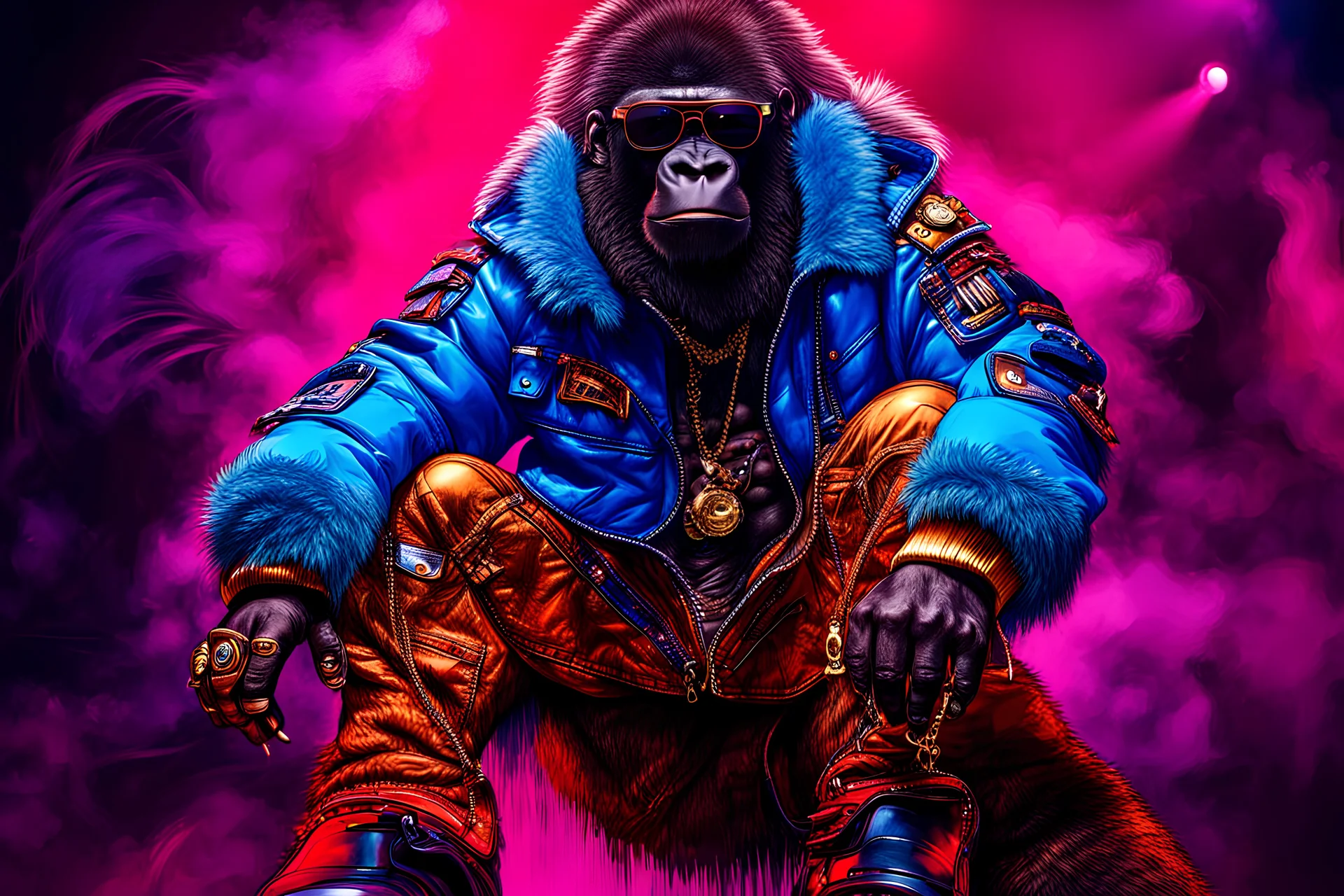 humanised gorilla, dressed like a rapper, whearing jacket, golden jewelry, sun glasses, sneakers, on a stage, dramatic lighting, photography, super detailed