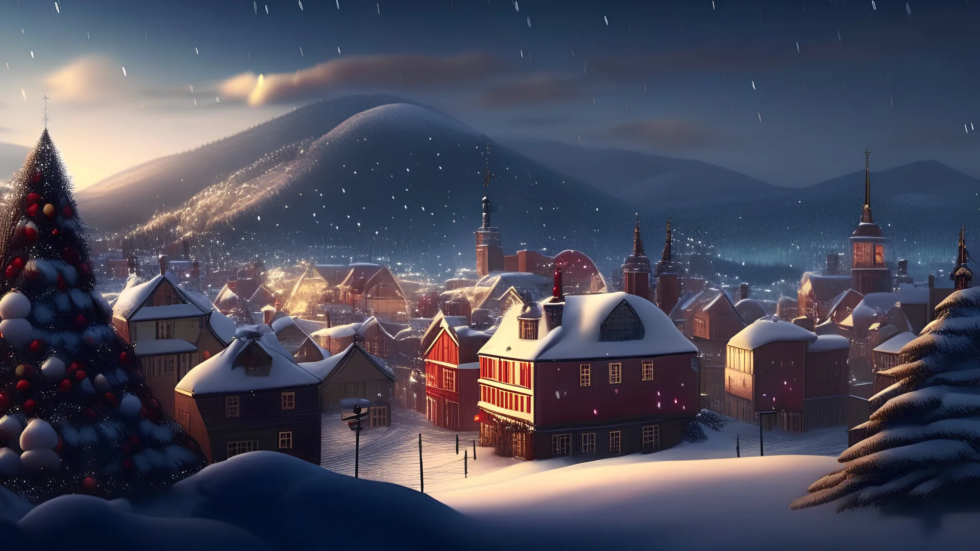 christmas time,snow in the background , a town with christmas decorations in the backround, a hills in the background 18k resolution realistic cinamatic