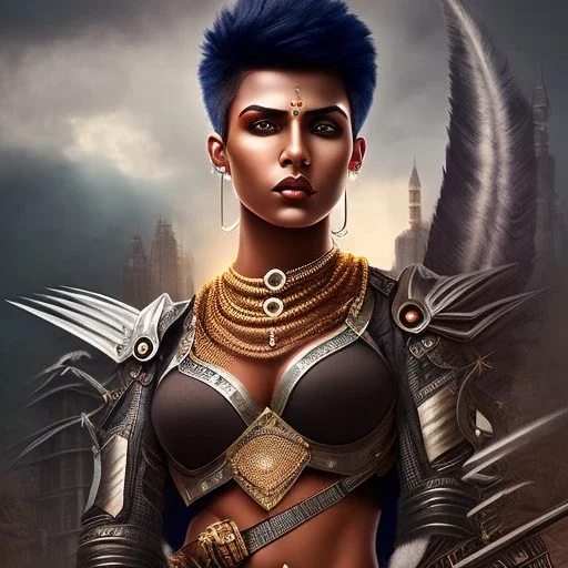 fantasy setting, woman, dark-skinned, indian, ranger, 23 years old, one side shaved, mohawk haircut,