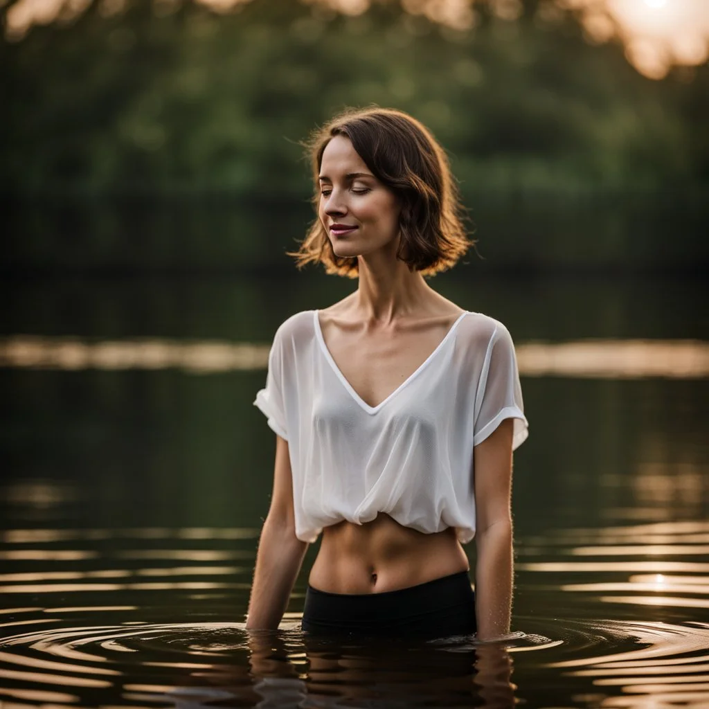 photography of a beautiful and happy anorexic woman, standing in lake water, eyes closed, meditation, white top, yoga flyer, brunette short wavy bob haircut, serenity, misty, relaxing image, white misty colors, foggy sunlight