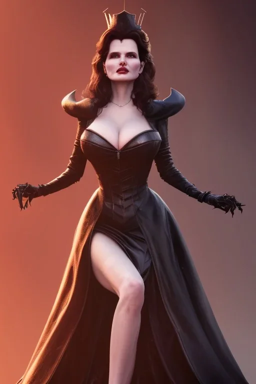 Geena Davis as evil queen in black leather gown, evil, busty, cleavage, curvy, angry, stern look. character design by cory loftis, fenghua zhong, ryohei hase, ismail inceoglu and ruan jia. unreal engine 5, artistic lighting, highly detailed, photorealistic, fantasy