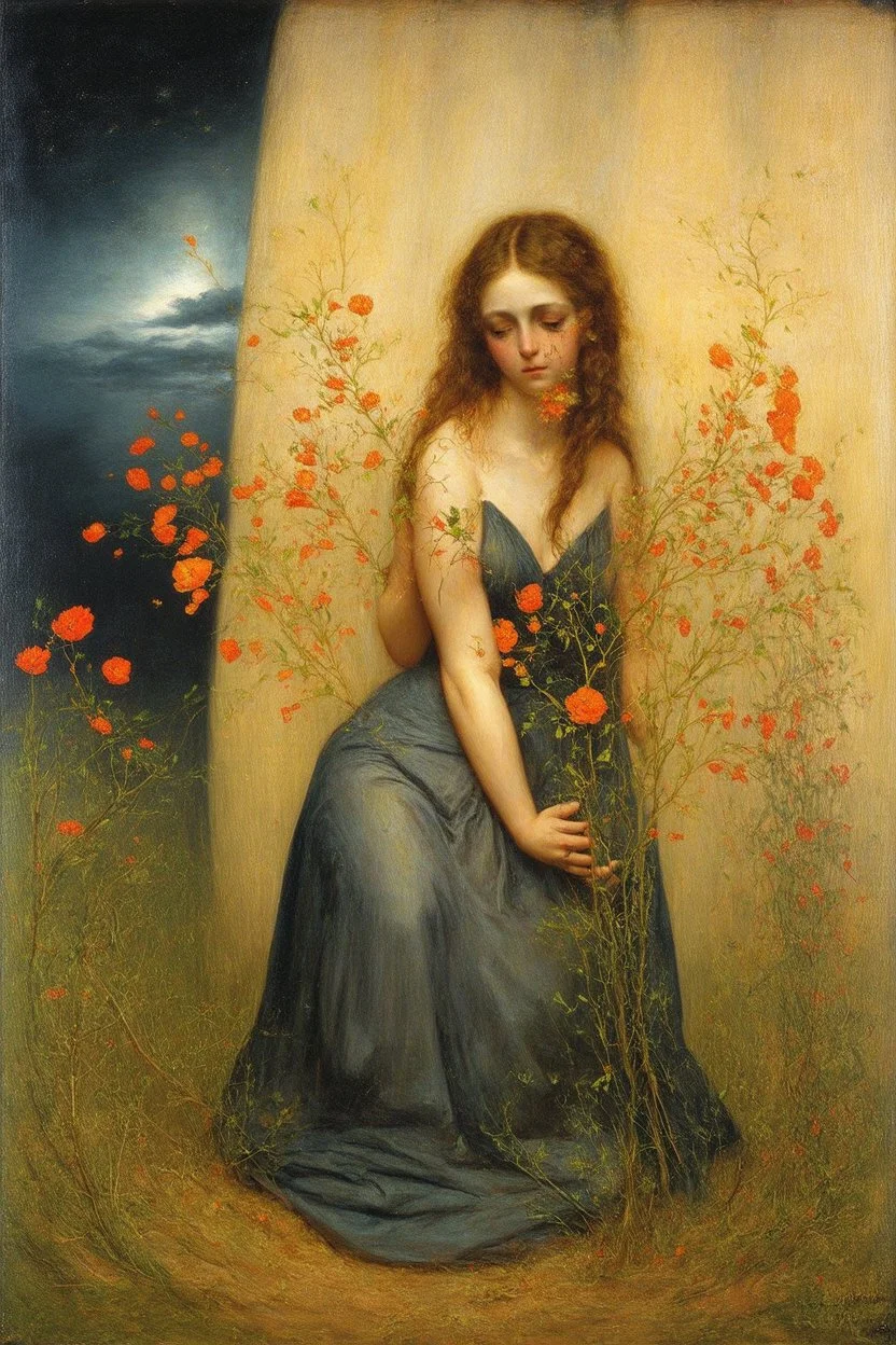 Night, one woman, flowers, vegetations, gothic horror films influence, creepy, depressive, gloomy, witch influence, arnold bocklin, and henry fuseli paintings