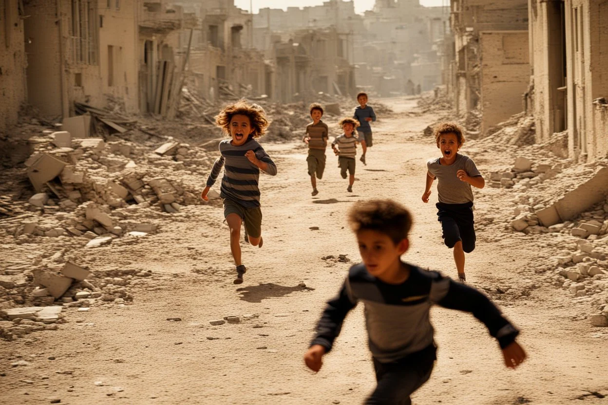 children running from bombs in a ruined city in israel