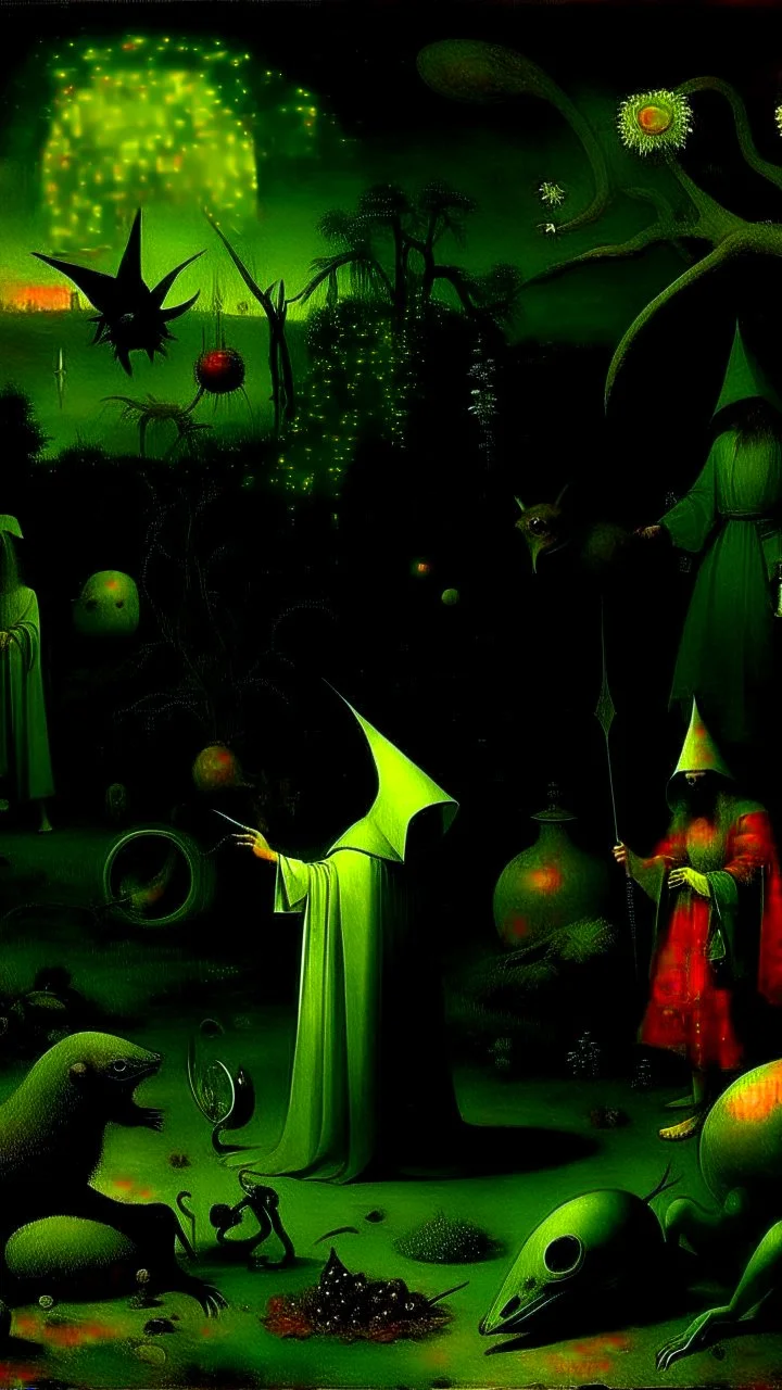 some mysterious figures, odd background, cinematic, Hieronymus Bosch, Max Ernst, vegetal life, monsters, rotten, ambient light, cry, ritual, surreal, animals