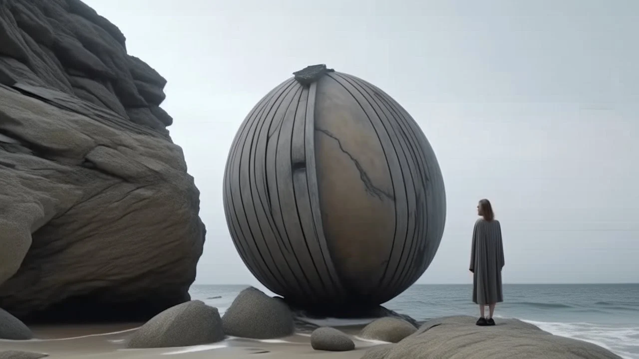LARGE MINIMALIST SPHERICAL BUILDING ON ROCKY BEACH, Full HD, Full body, Shabby chic outfit, Crinkled, 360 angle