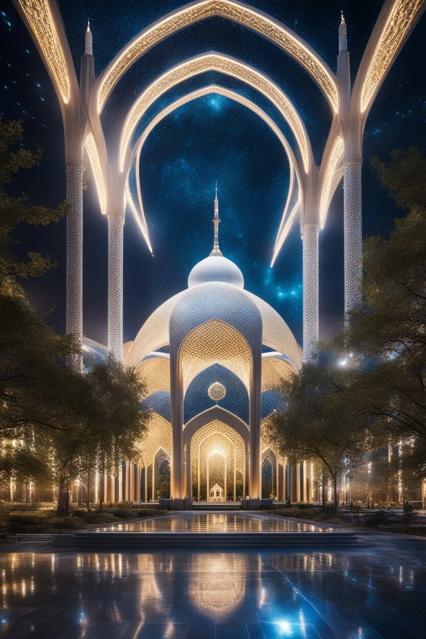 Night Photography Mega Futuristic Luxury Mosque full of lights in Park City, concept science fiction art