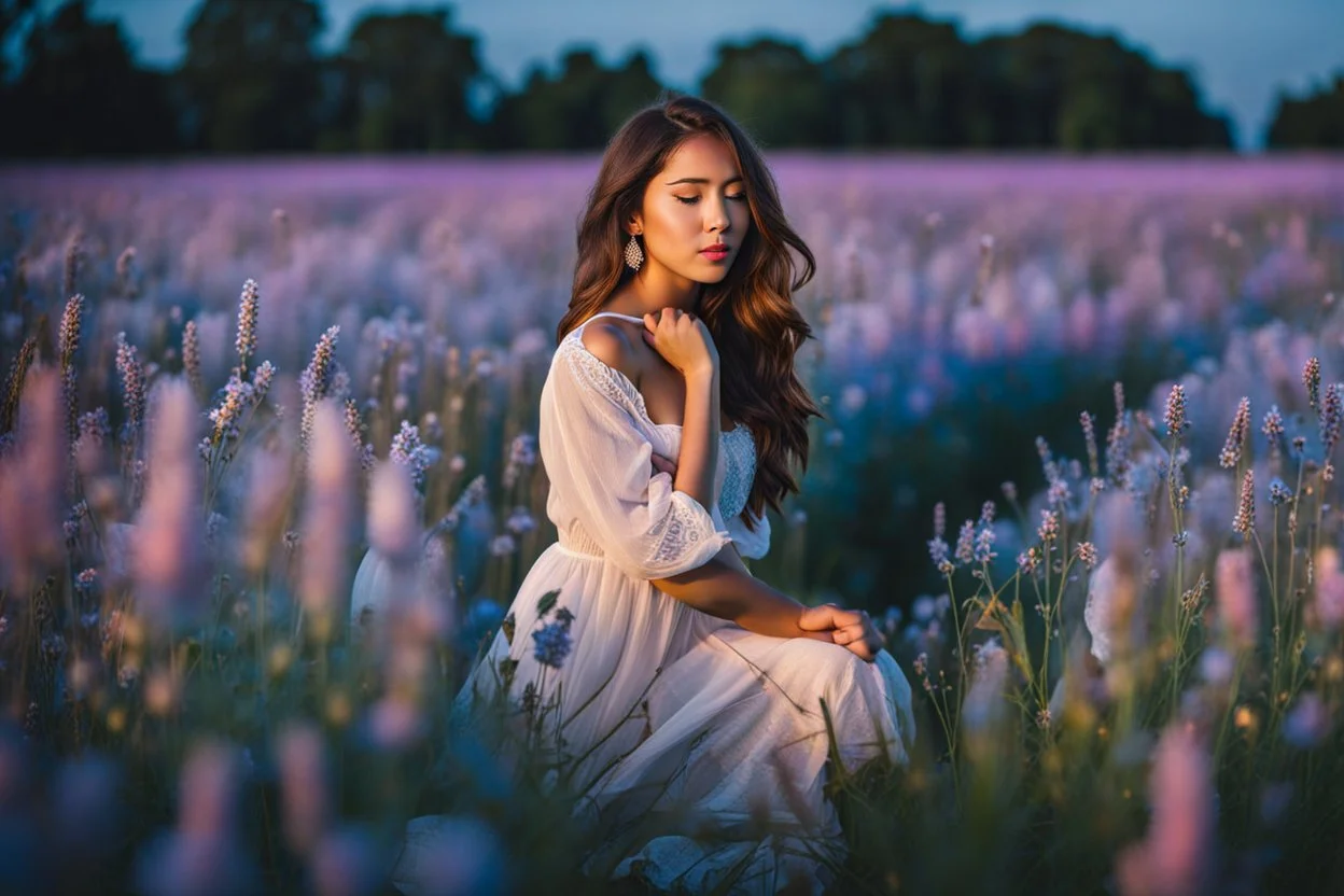 Young woman in flower field in the evening