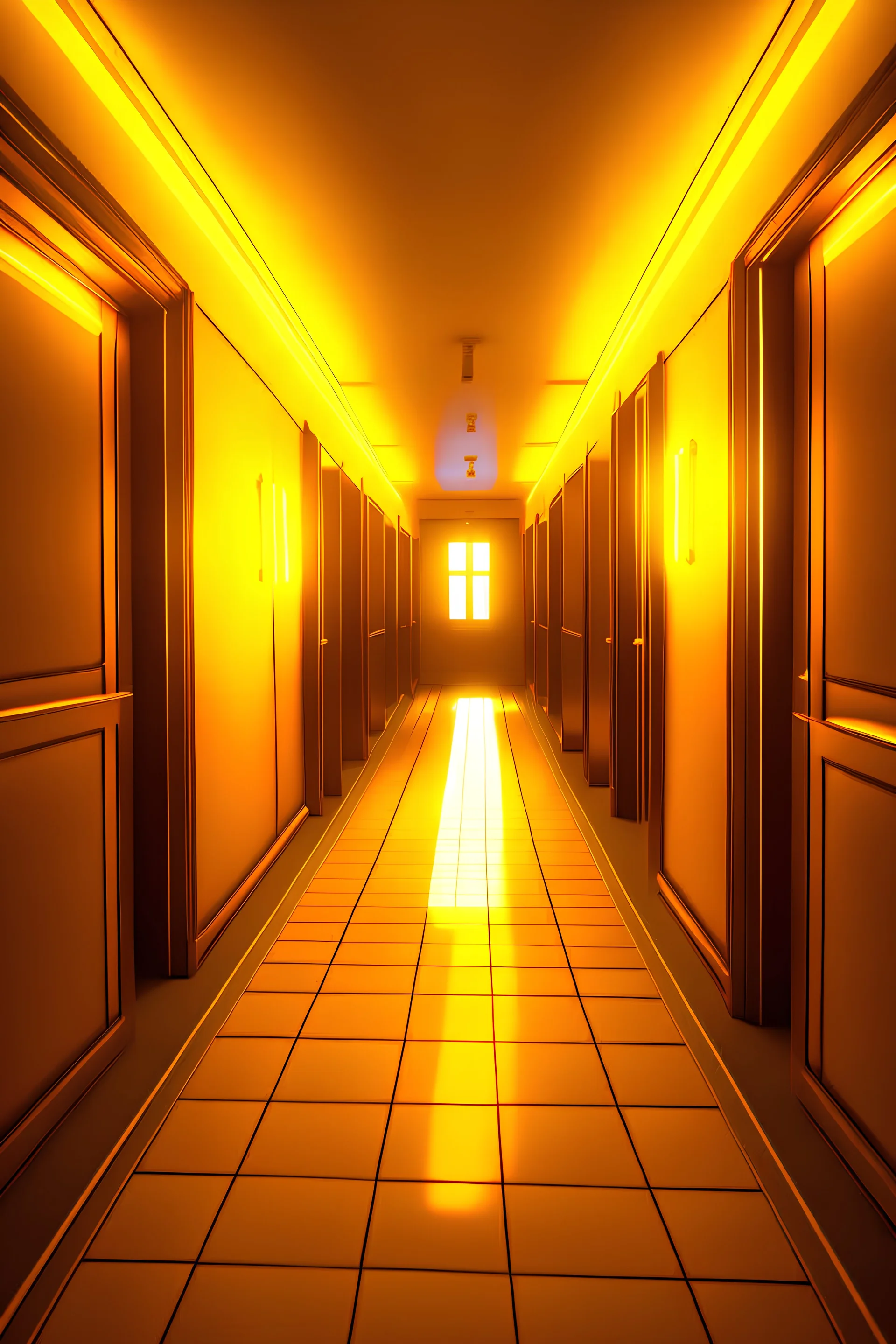 A long corridor of a yellow room with unlimited corridors. lights are on the ceiling. The corridor seems to go on indefinitely into the dark, unreal engine 5, octane render,