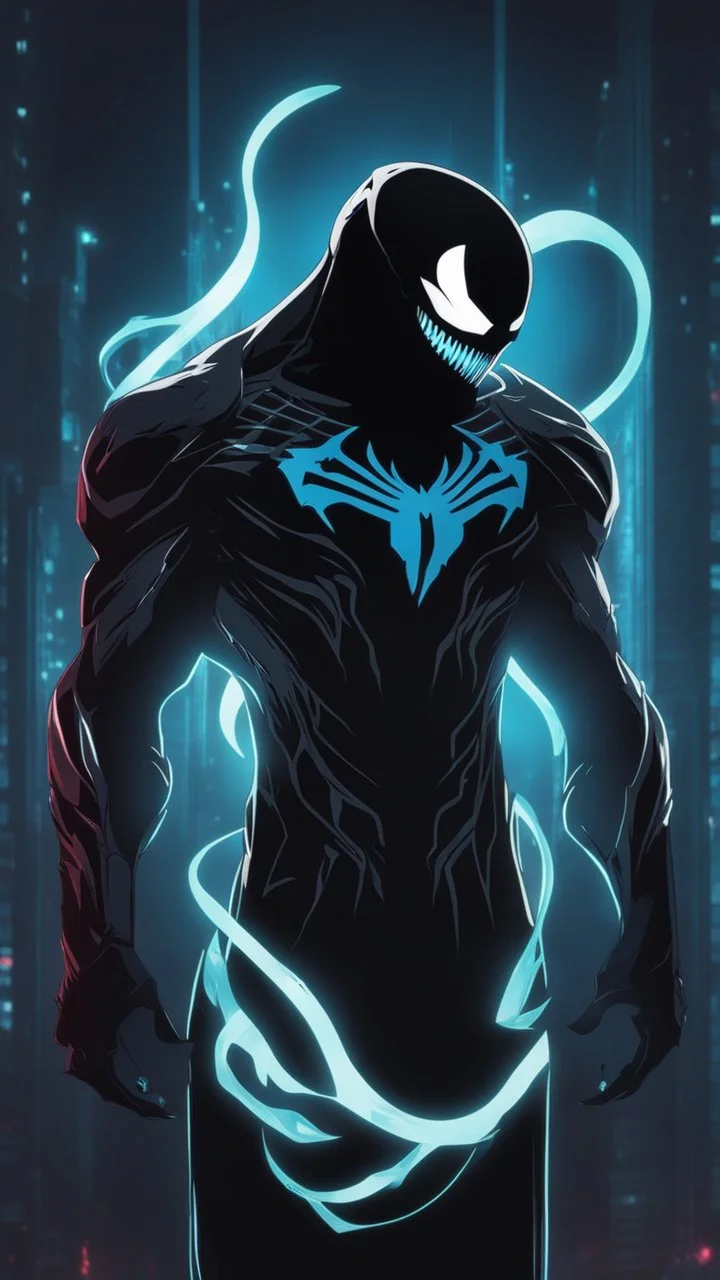 Mix between venom symbiote and Reaper in solo leveling shadow style with neon glowing blue