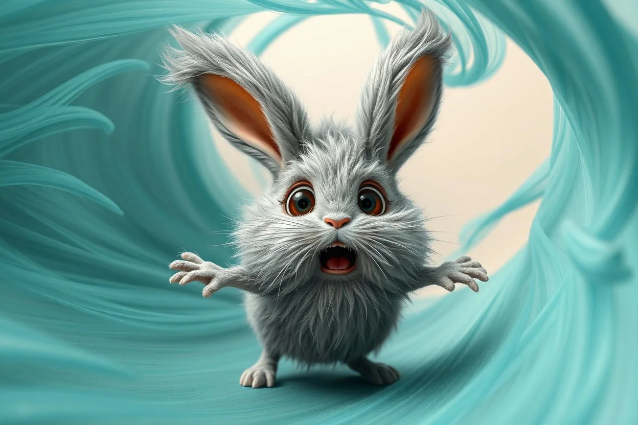 cute dust bunny fizzgig character being swept into a magical wind vortex, fluffy gray detailed fur texture, dirty, oversized expressive eyes, open mouth panic afraid expression, dynamic diagonal motion pose, limbs reaching forward, body tilted in perspective, sense of speed and motion, flowing translucent teal and aqua wind ribbons, spiraling air currents forming a curved arc, soft tornado funnel in the top corner, painterly semi-transparent wind, 3d puppet