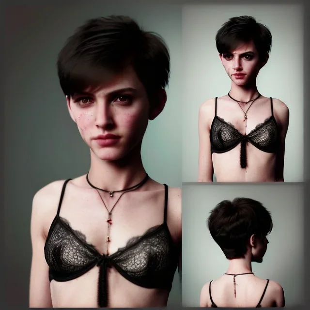 Realistic photo short hair boyish boylike (boyish face) beautiful cleavage lace neckline short haircut thin waist wide hips lacy nightgown the room of a girl who is fond of black magic, with amulets of evil forces and symbols of black magic on the walls