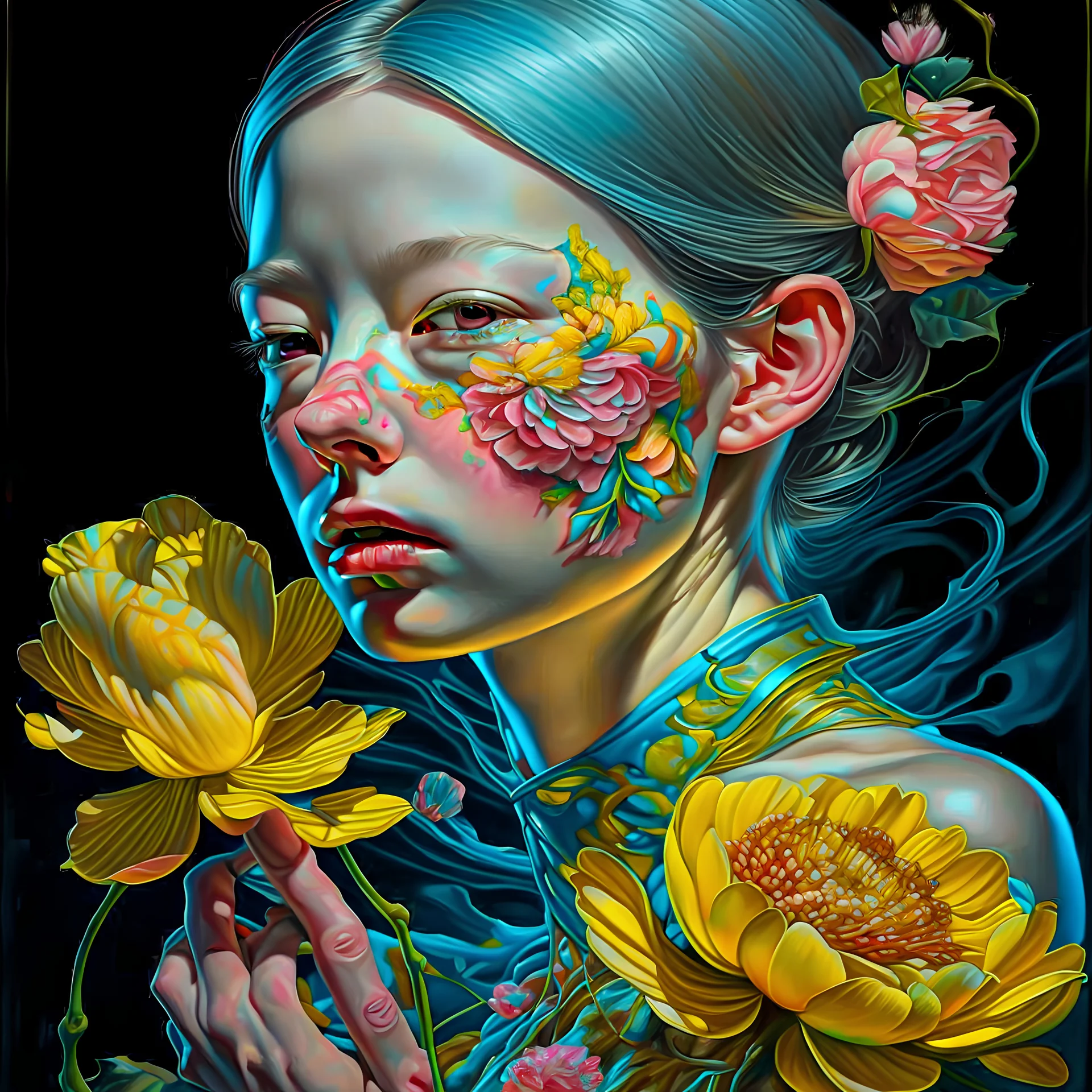 PHOTOREALISTIC PORTRAIT OF A GIRL of Cirque dU soleil, WALKING ON THE SHORE AT THE MOONLIGHT, AND EMBRACING PINK YELLOW PEONIES, VIVID METALLIC colors: torquoise, pale salmon, persimmon, grey-green , pale lemon yellow, greenish gold, metallic bronze. ULTRA detailed; CORRECT anatomy, FACE and eyes, HIGH RESOLUTION AND DETAILS, HIGH DEFINITION, STYLE BY RAFFAELLO, MICHELANGELO,