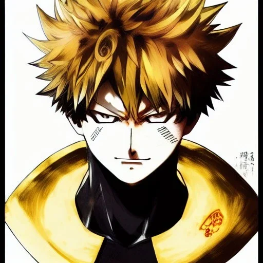 Detailed anime portrait of bakugo from my hero academia, gold hair and golden eyes, black suit, intricate details, full body portrait, keep head in frame, slight smile, black Japanese motif, concept art, highly detailed, digital painting, concept art, sharp focus, illustration, art by Yoji Shinkawa, WLOP and greg rutkowski and alphonse mucha and artgerm and yanjun Chen and Junji ito and Makoto Shinkai, HDR, octane render