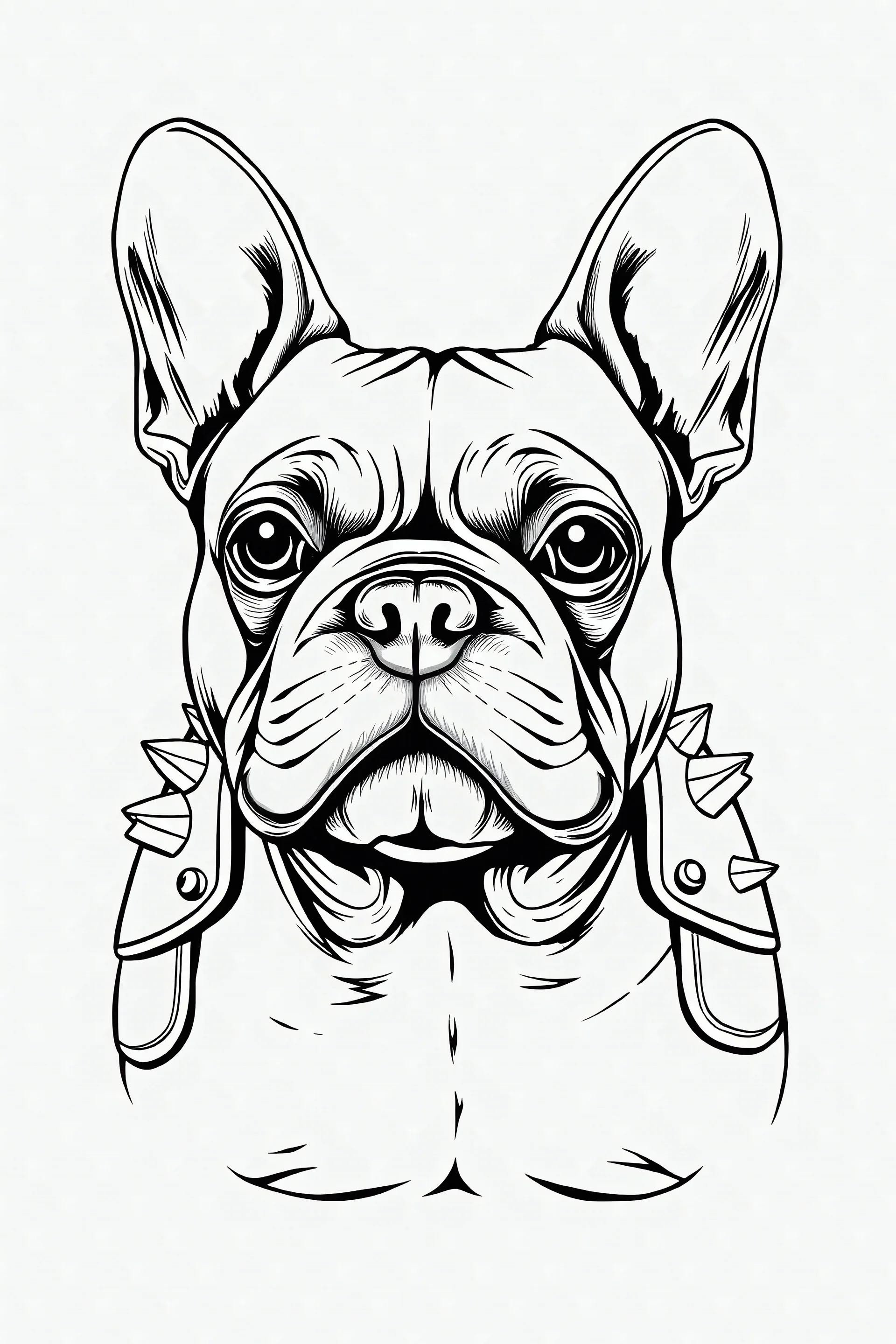 detailed line art illustration of the majestic French Bulldog adorned in spiky shoulder pads