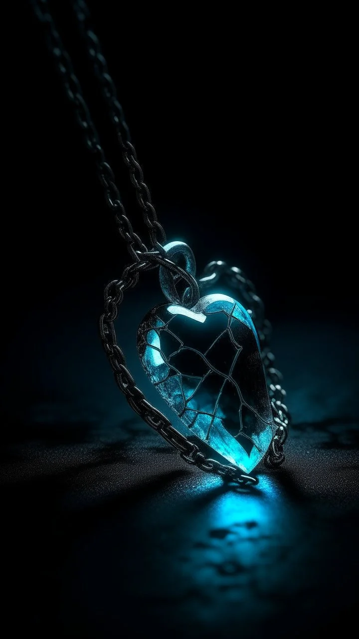 a glowing iced heart, trapped y chain in a dark place