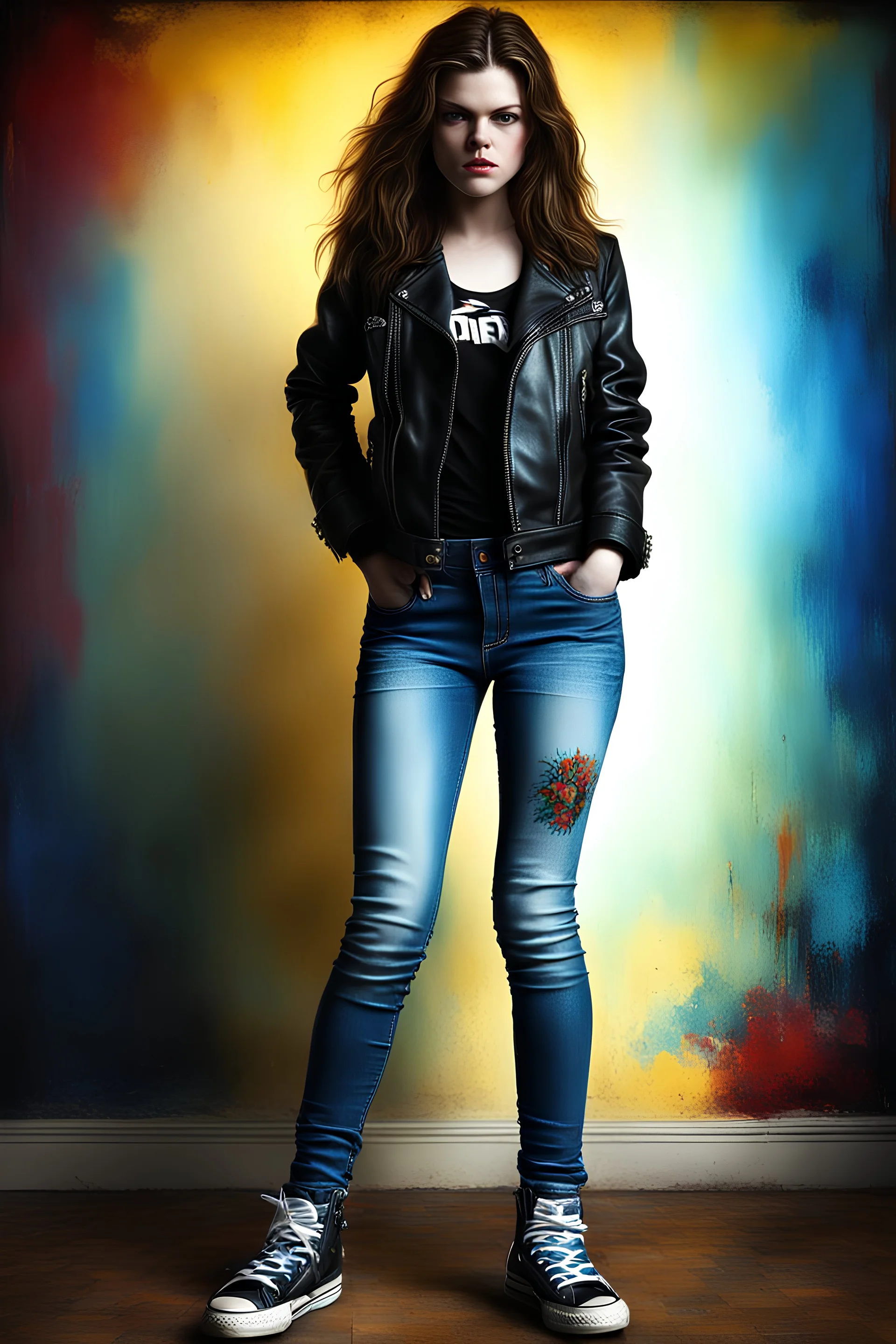 Full body Portrait - digital photograph, chiaroscuro, extremely colorful, vibrant, lifelike, 20th century masterpiece, rich deep colors, highly detailed portrait, beautiful, extremely gorgeous Georgie Henley wearing a black leather biker's jacket, a black "Iron Maiden" T-shirt, Blue Jeans, black Converse sneakers, absolute reality