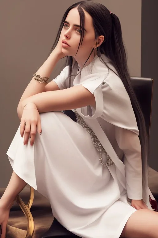 Billie Eilish, sitting on a chair, Black Short Dress, high detail, realistic, 8k