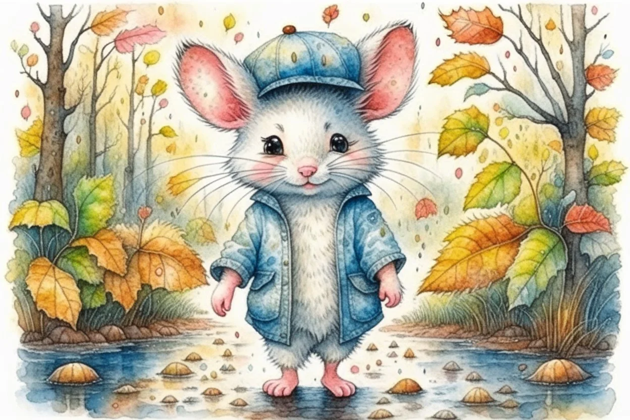 watercolor painting, Jean-Baptiste Monge style, Cute adorable baby white mouse in jeans clothes walking in the rain in Autumn, splash art