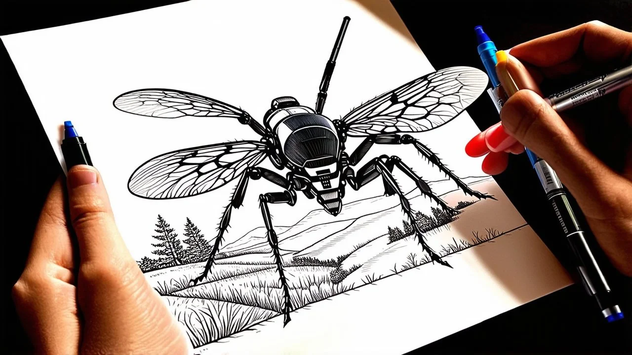 7428. Robot insect drawing a picture, holding six gel-pens in its six hands, drawing a beautiful landscape using four pens, one pen in each hand. The picture is almost finished. Artistic, beautiful lighting, attractive composition, photorealistic, extremely detailed, chiaroscuro, rule of thirds