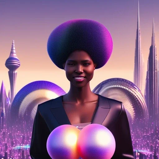 Ultra realistic photo. volumetric lighting , scientist. Young black woman, dark skin black woman. young, big smile. Joy. smiling. Afro futurism. Afro puffs. Blue hair. Ombré hair Cotton candy. Futuristic cities in background. Space. Space travel. Silver. Cities