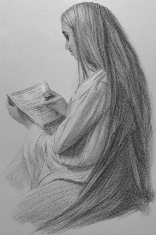 Pencil sketch of Young woman, Arab features,sad, long wavy hair, reading a book, full body، on lined paper